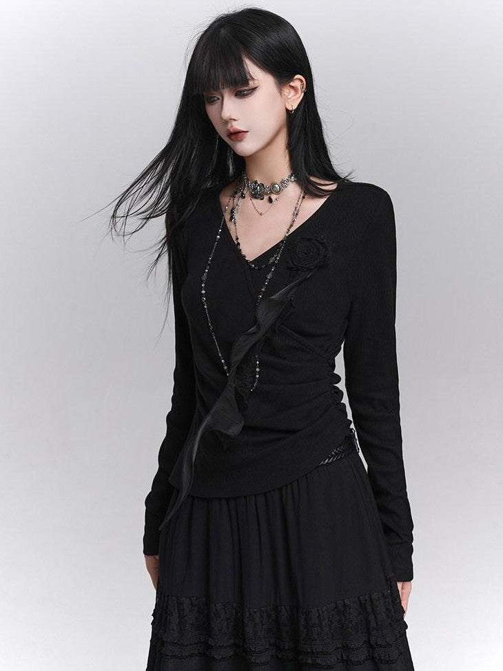 LADYGHOST Black Ghost Girl Print Slim V-neck Women&