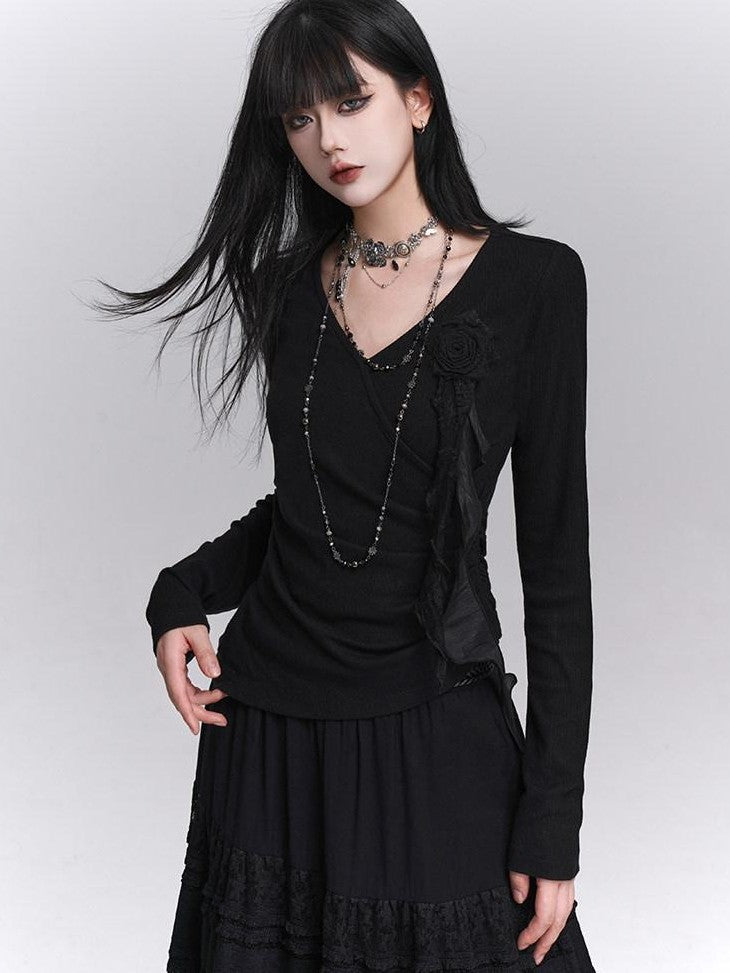 LADYGHOST Black Ghost Girl Print Slim V-neck Women&