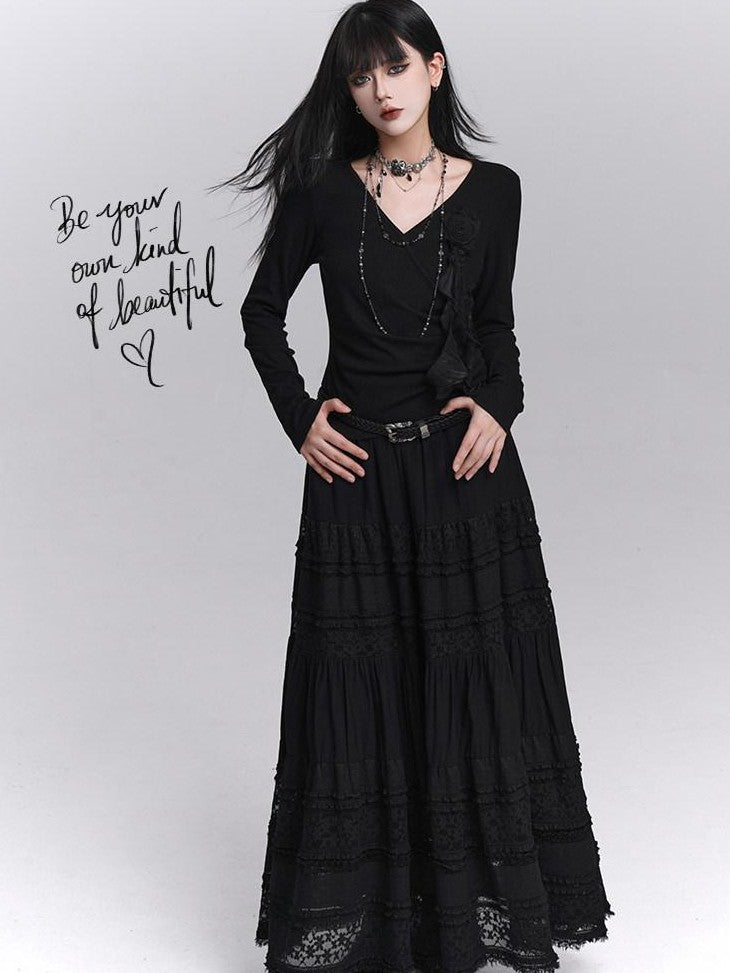 LADYGHOST Black Ghost Girl Print Slim V-neck Women&