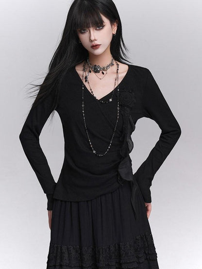 LADYGHOST Black Ghost Girl Print Slim V-neck Women&