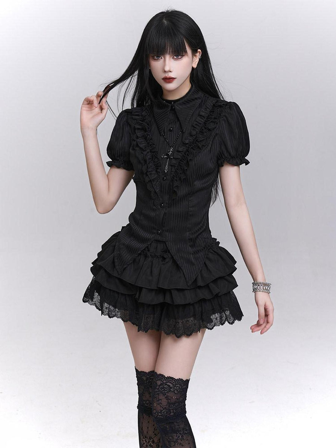 LADYGHOST Black Ghost Print Gothic Lolita Short Sleeve Women&