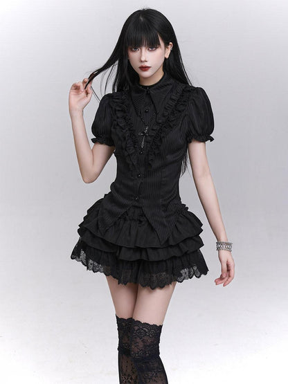 LADYGHOST Black Ghost Print Gothic Lolita Short Sleeve Women&