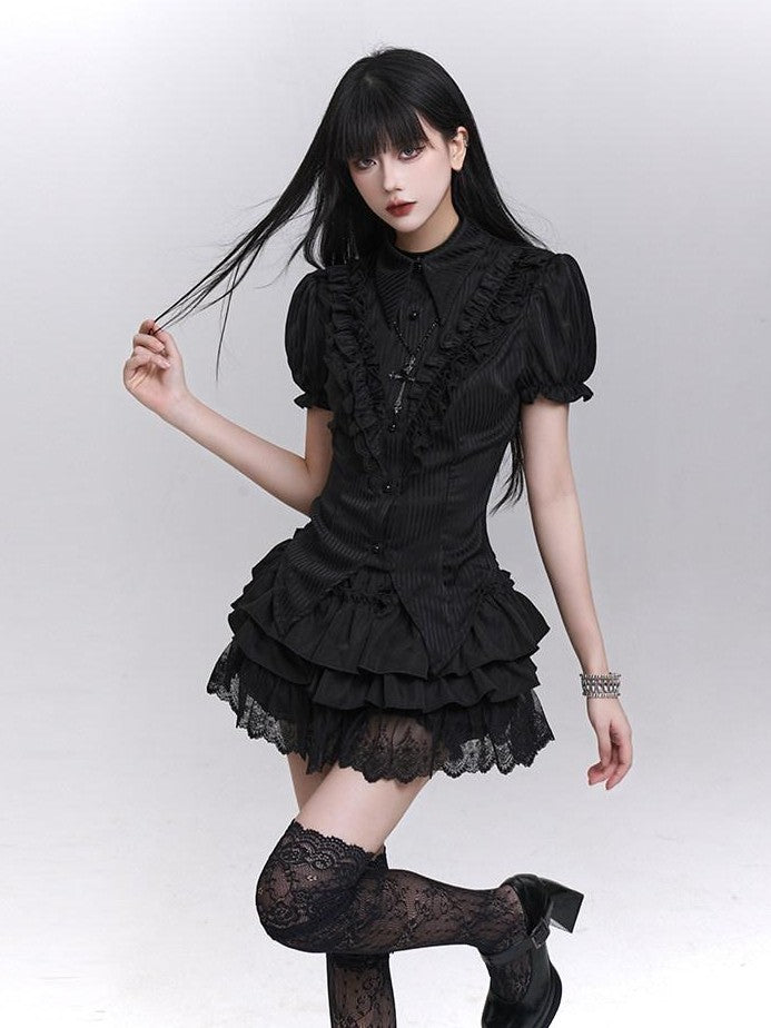 LADYGHOST Black Ghost Print Gothic Lolita Short Sleeve Women&