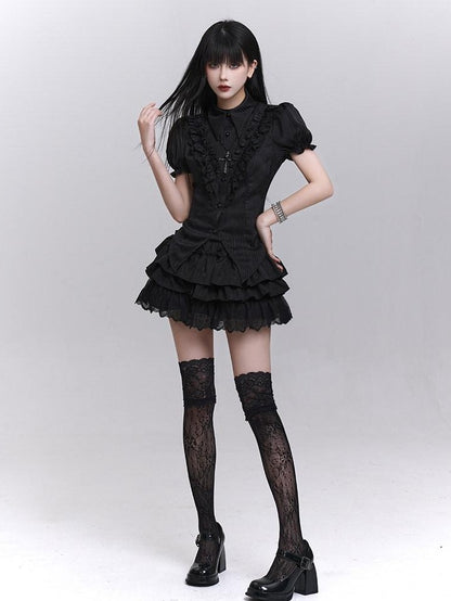 LADYGHOST Black Ghost Print Gothic Lolita Short Sleeve Women&