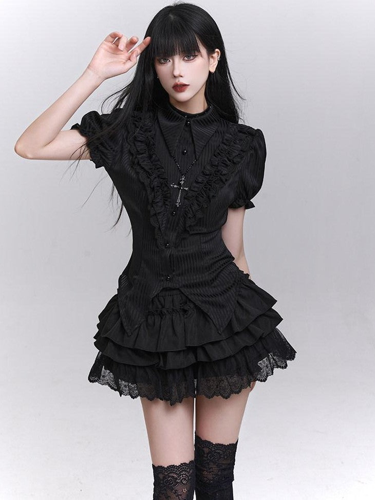 LADYGHOST Black Ghost Print Gothic Lolita Short Sleeve Women&