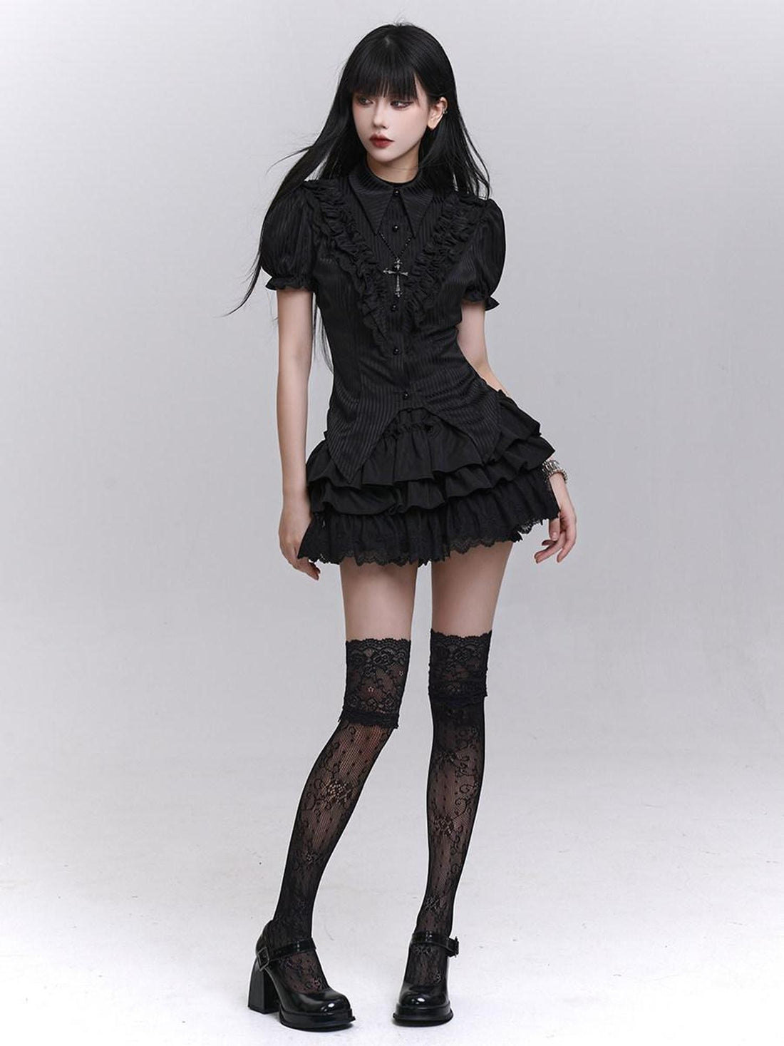 LADYGHOST Black Ghost Print Gothic Lolita Short Sleeve Women&