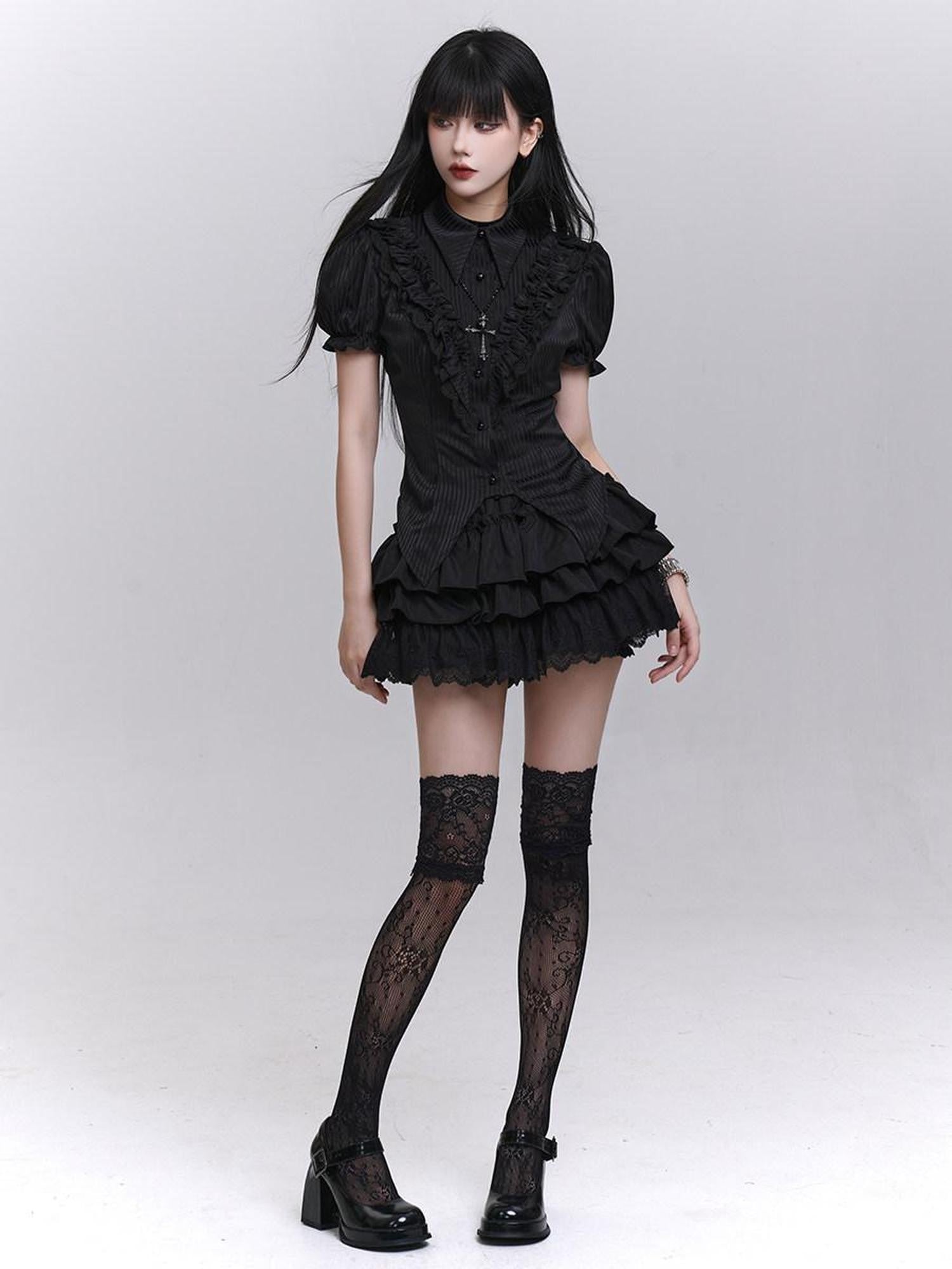 LADYGHOST Black Ghost Print Gothic Lolita Short Sleeve Women&