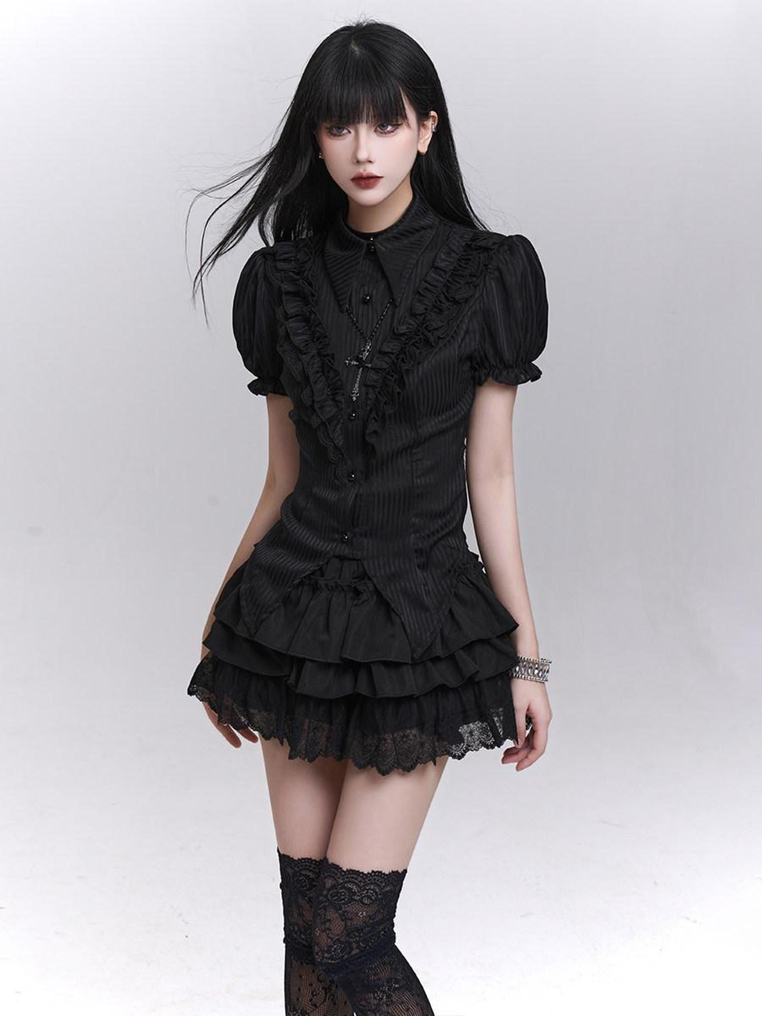 LADYGHOST Black Ghost Print Gothic Lolita Short Sleeve Women&