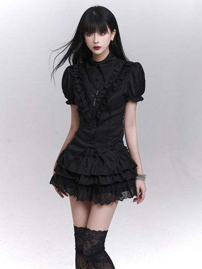 LADYGHOST Black Ghost Print Gothic Lolita Short Sleeve Women&