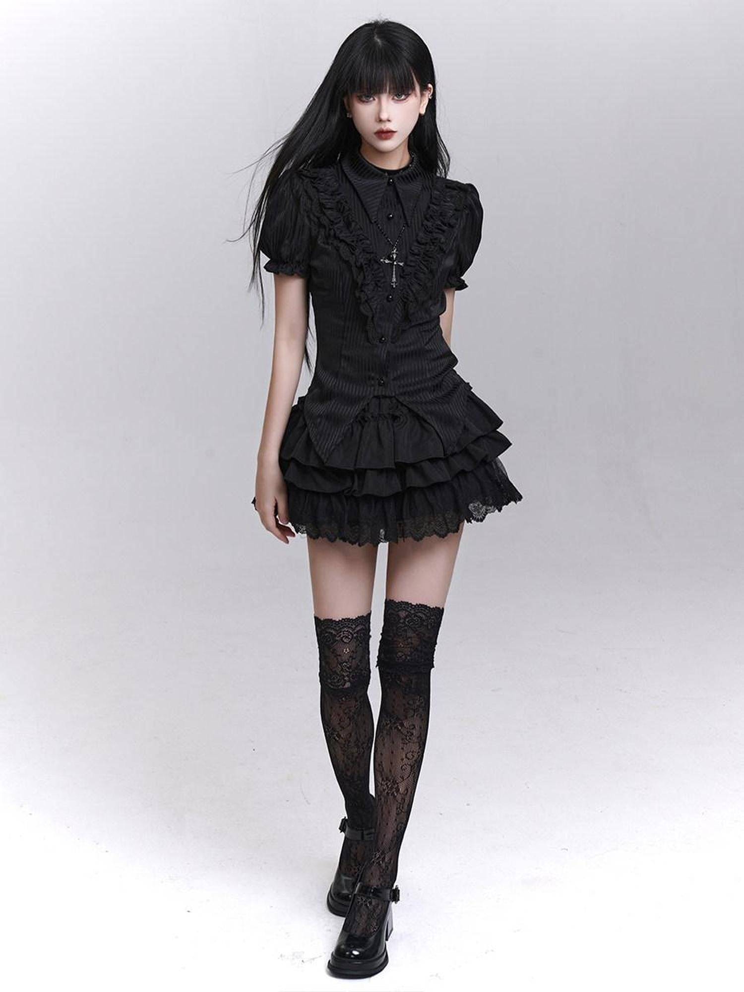 LADYGHOST Black Ghost Print Gothic Lolita Short Sleeve Women&