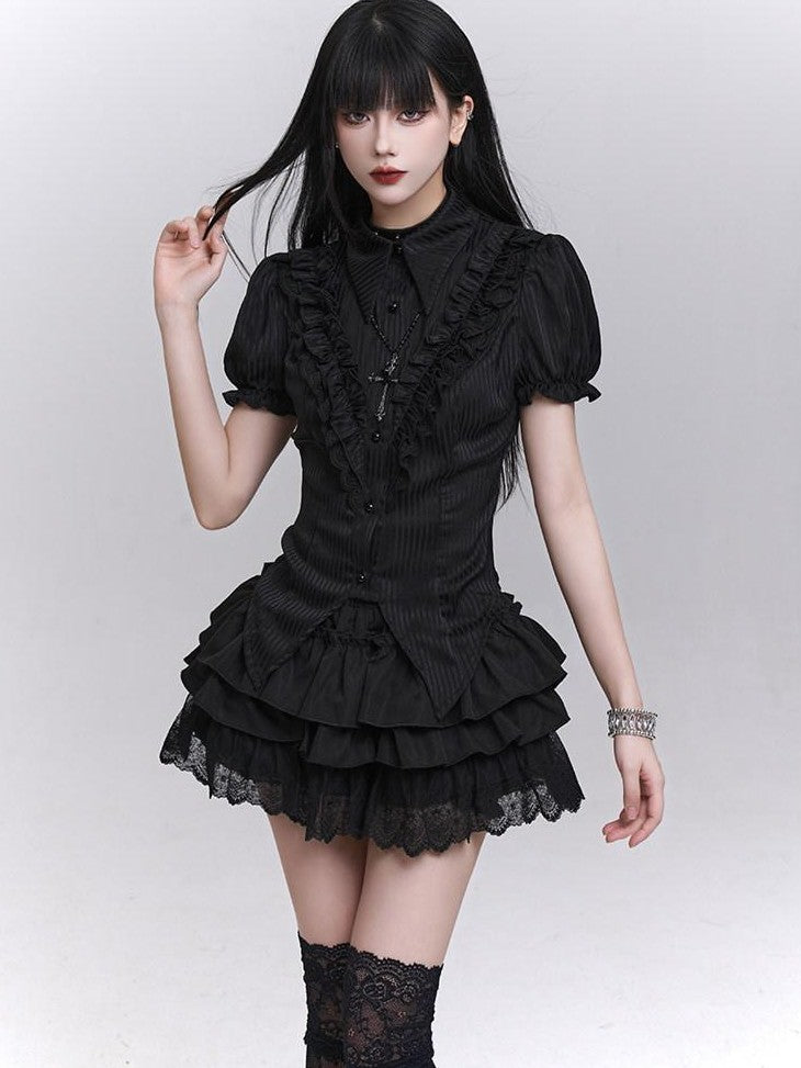 LADYGHOST Black Ghost Print Gothic Lolita Short Sleeve Women&