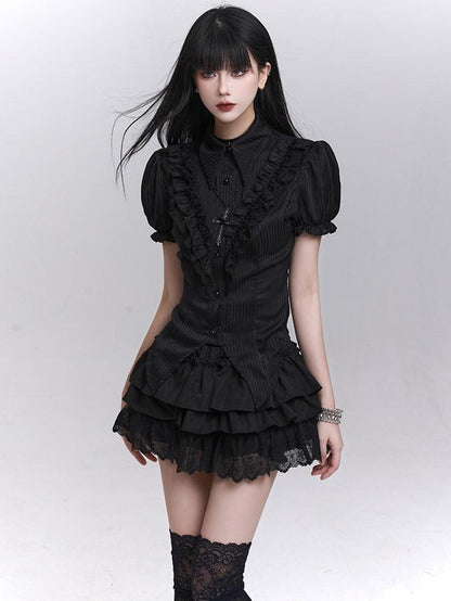 LADYGHOST Black Ghost Print Gothic Lolita Short Sleeve Women&