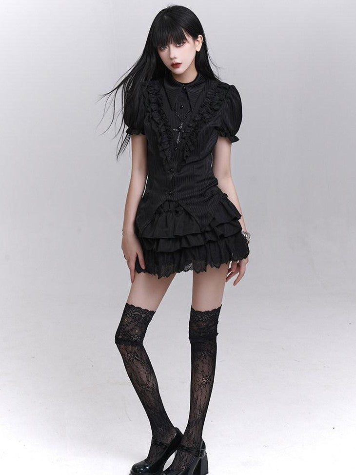 LADYGHOST Black Ghost Print Gothic Lolita Short Sleeve Women&
