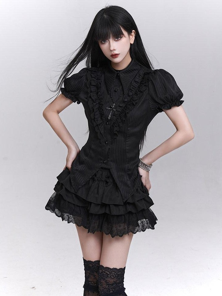 LADYGHOST Black Ghost Print Gothic Lolita Short Sleeve Women&