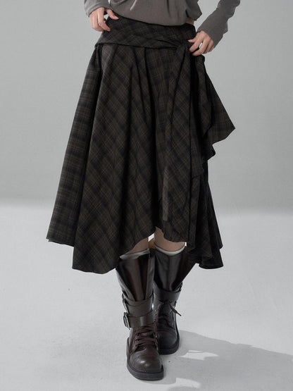 LADYGHOST Black Grey Artistic Asymmetric Plaid Lace Up Women&