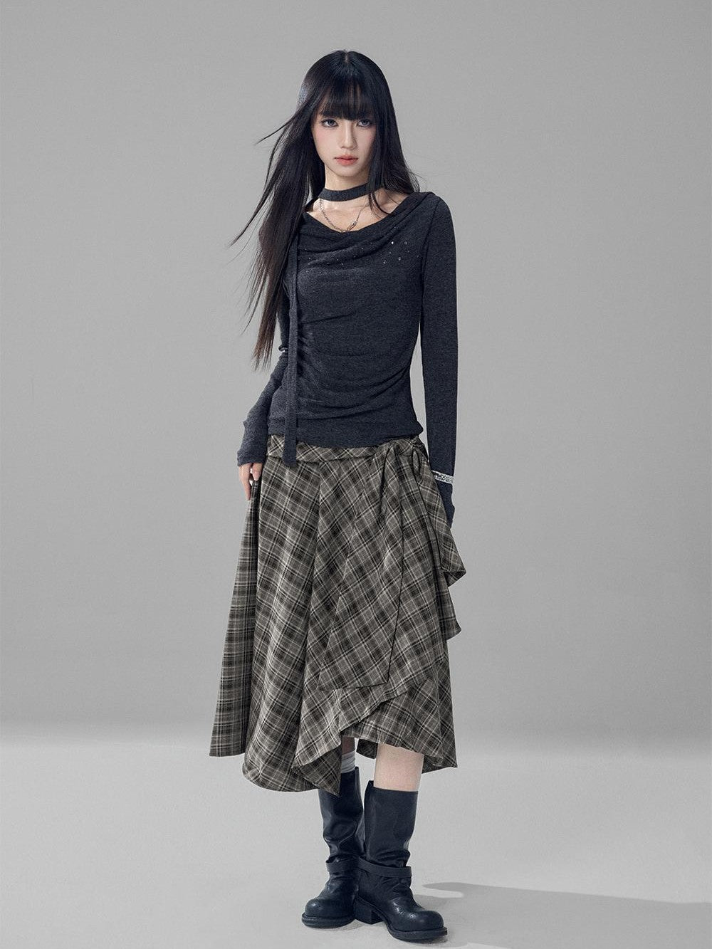 LADYGHOST Black Grey Artistic Asymmetric Plaid Lace Up Women&