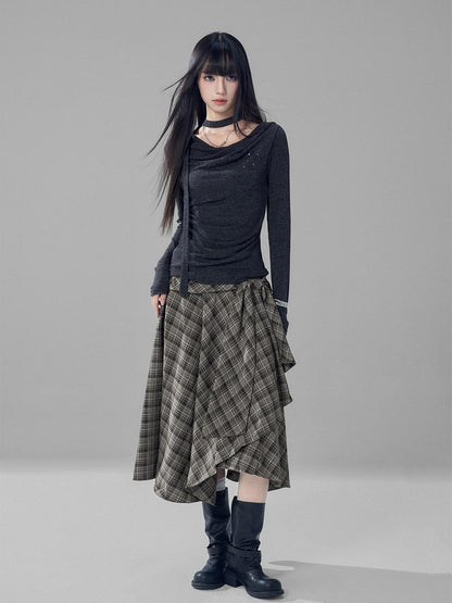 LADYGHOST Black Grey Artistic Asymmetric Plaid Lace Up Women&
