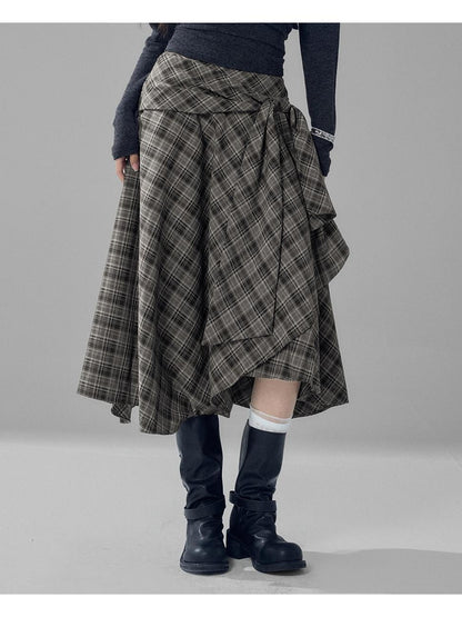 LADYGHOST Black Grey Artistic Asymmetric Plaid Lace Up Women&