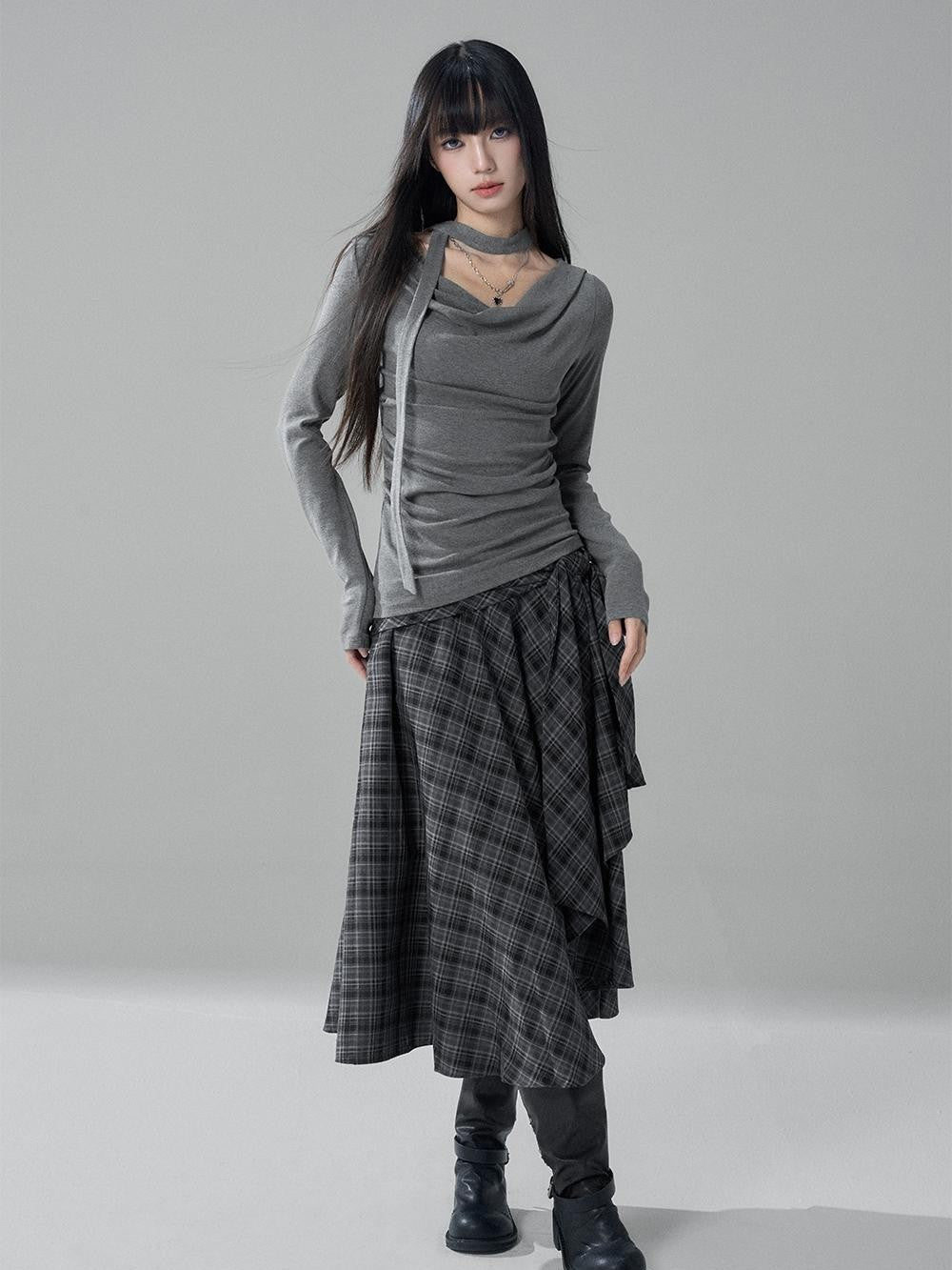 LADYGHOST Black Grey Artistic Asymmetric Plaid Lace Up Women&