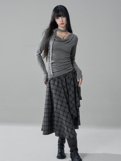 LADYGHOST Black Grey Artistic Asymmetric Plaid Lace Up Women&