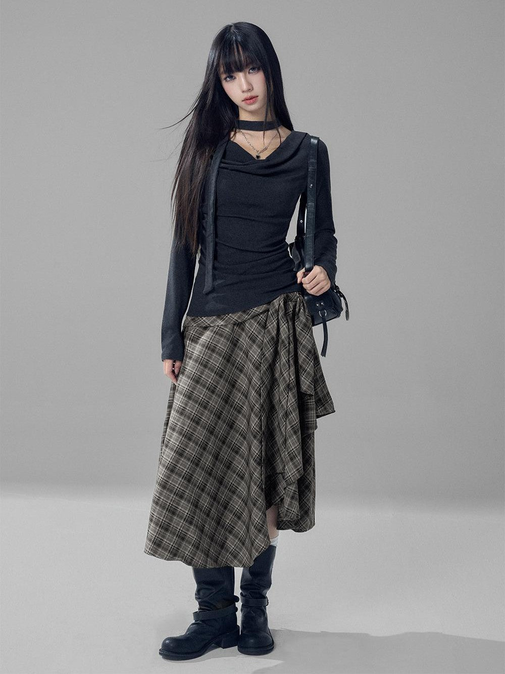 LADYGHOST Black Grey Artistic Asymmetric Plaid Lace Up Women&