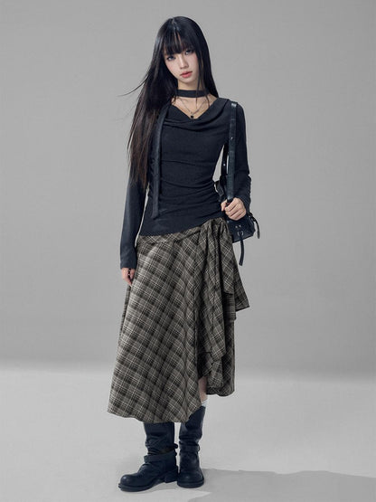 LADYGHOST Black Grey Artistic Asymmetric Plaid Lace Up Women&