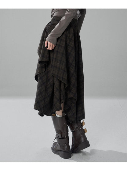 LADYGHOST Black Grey Artistic Asymmetric Plaid Lace Up Women&