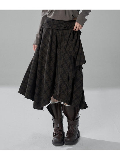 LADYGHOST Black Grey Artistic Asymmetric Plaid Lace Up Women&