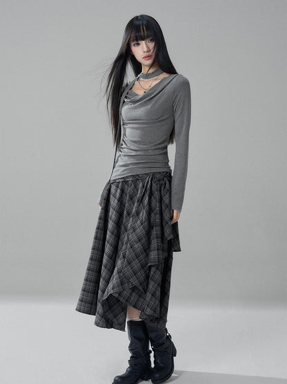 LADYGHOST Black Grey Artistic Asymmetric Plaid Lace Up Women&