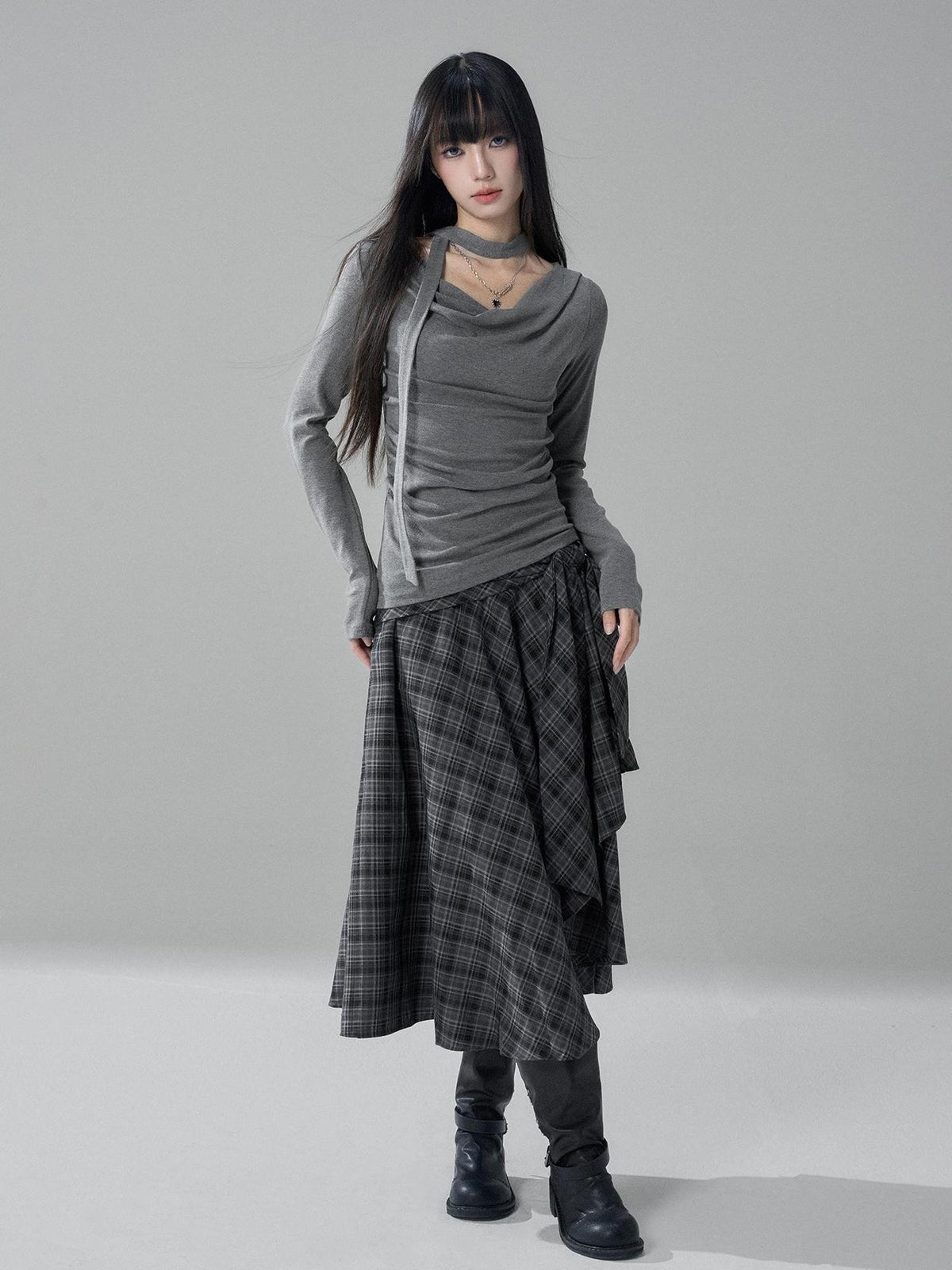 LADYGHOST Black Grey Artistic Asymmetric Plaid Lace Up Women&