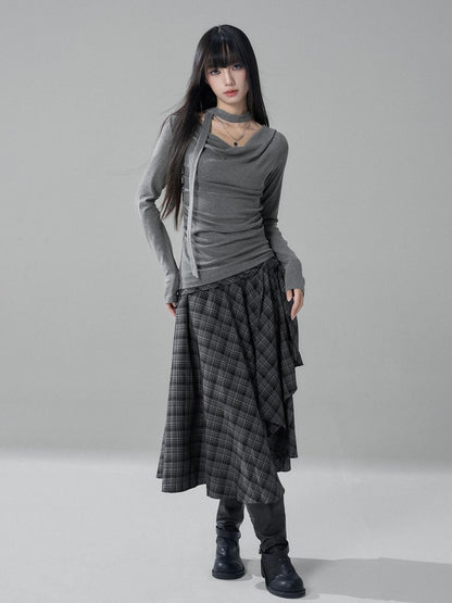 LADYGHOST Black Grey Artistic Asymmetric Plaid Lace Up Women&