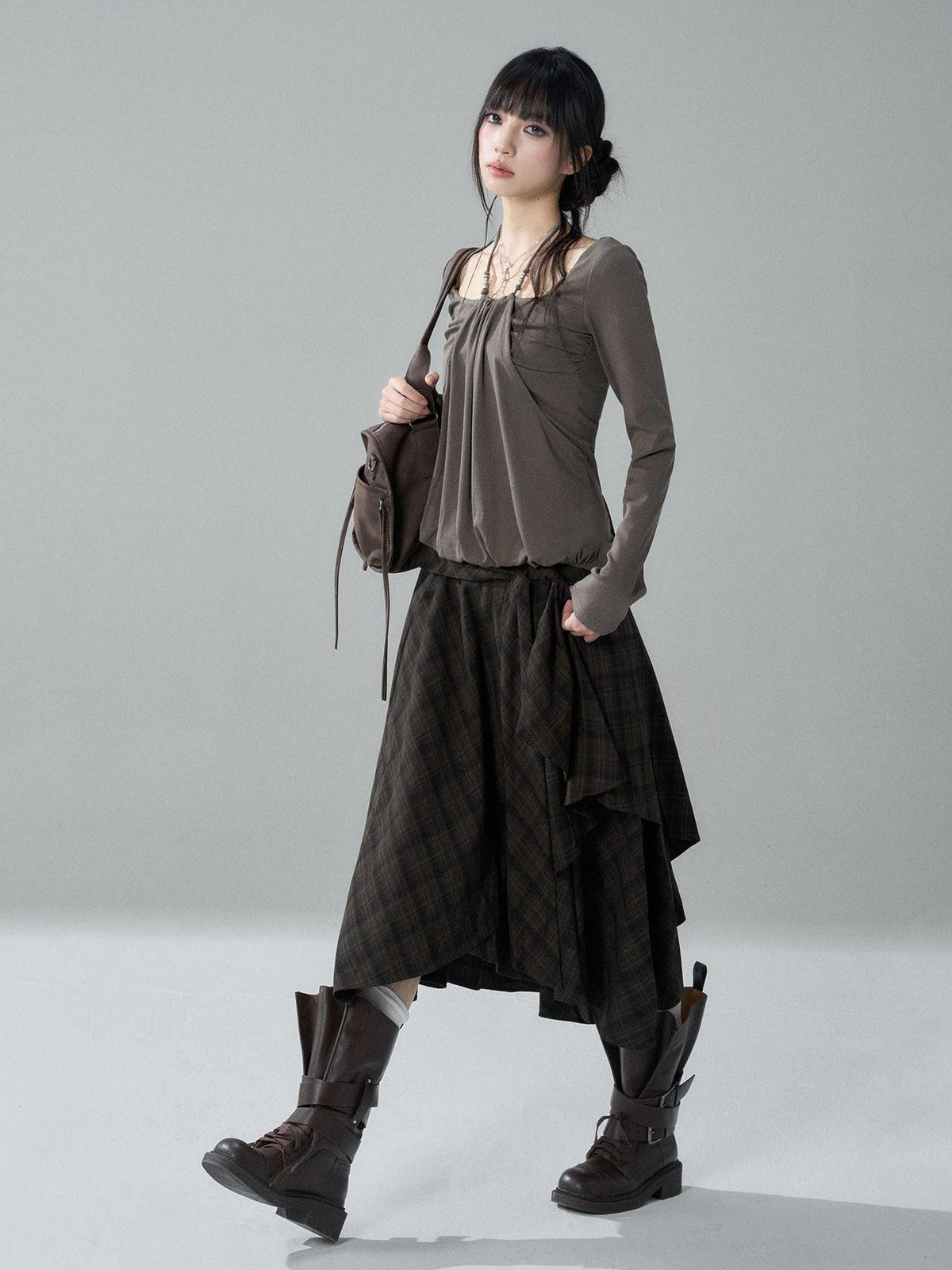 LADYGHOST Black Grey Artistic Asymmetric Plaid Lace Up Women&
