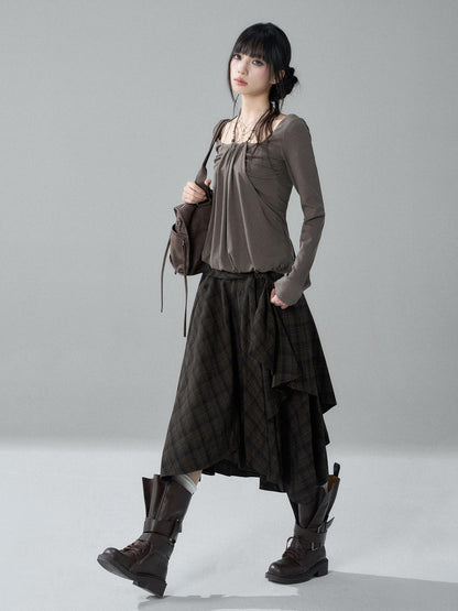 LADYGHOST Black Grey Artistic Asymmetric Plaid Lace Up Women&