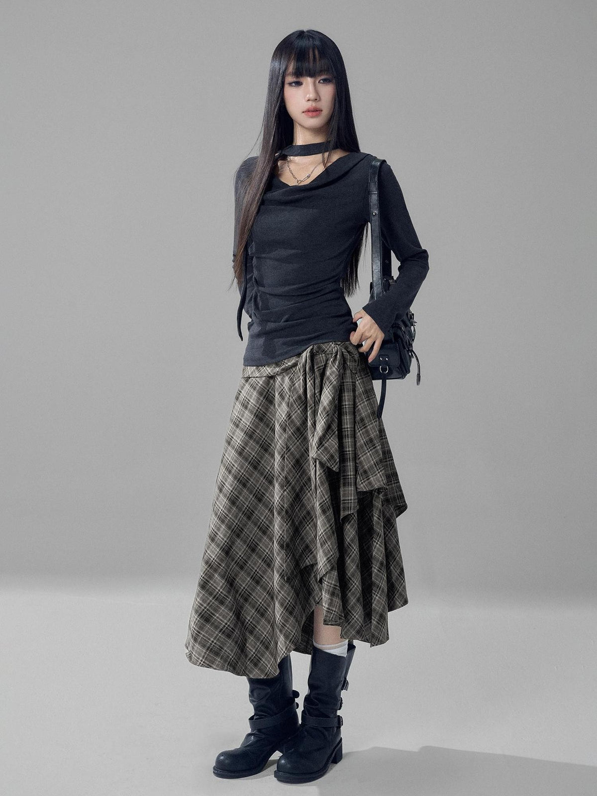 LADYGHOST Black Grey Artistic Asymmetric Plaid Lace Up Women&