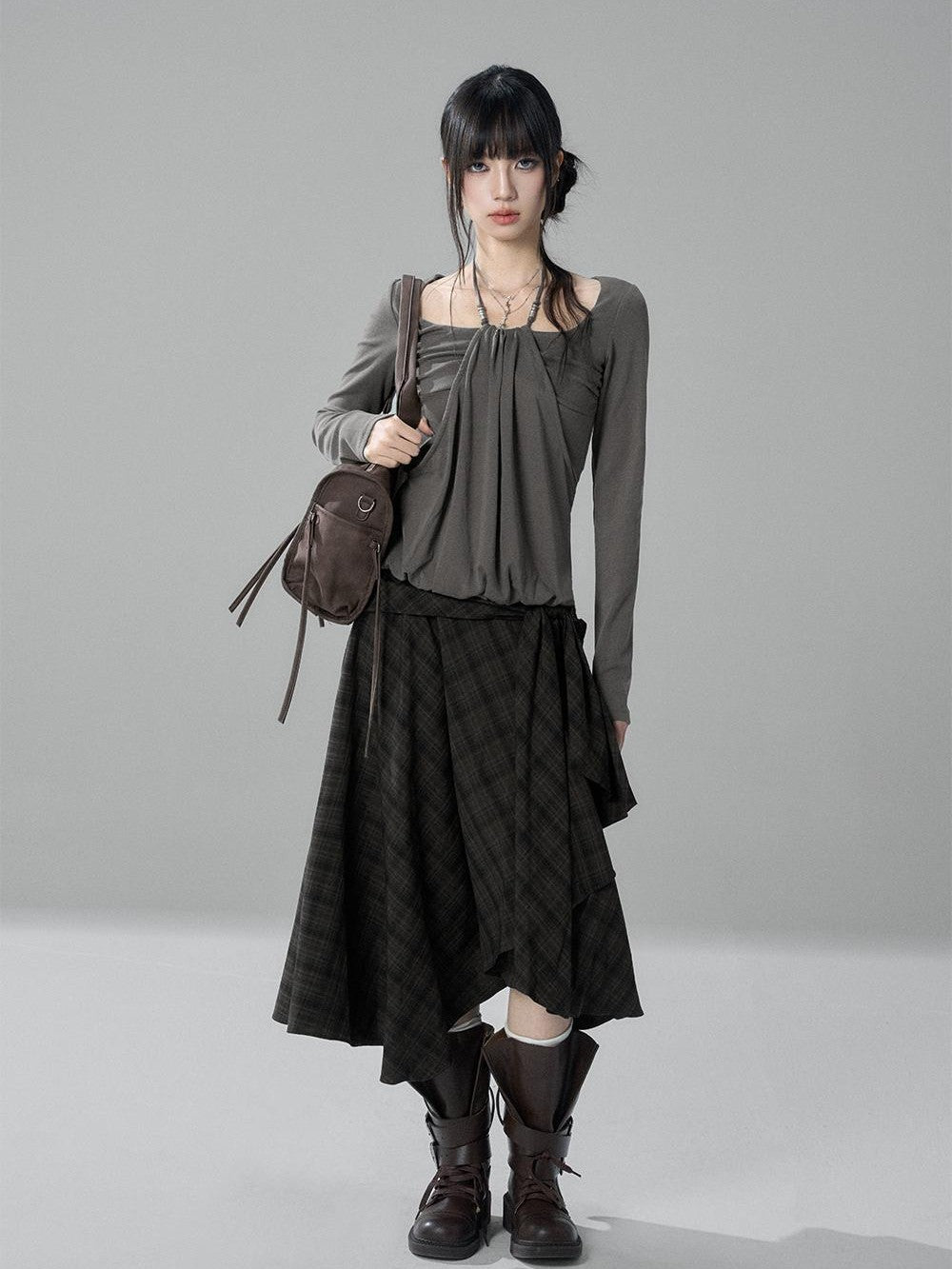 LADYGHOST Black Grey Artistic Asymmetric Plaid Lace Up Women&