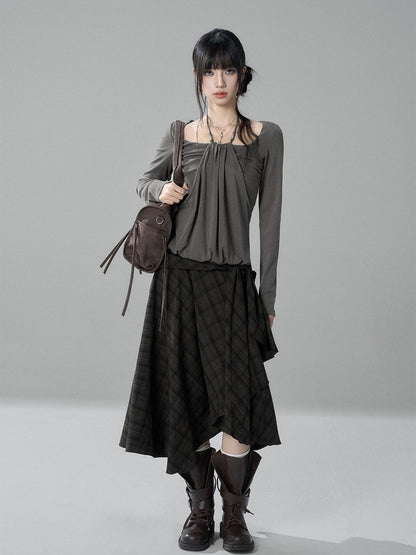 LADYGHOST Black Grey Artistic Asymmetric Plaid Lace Up Women&