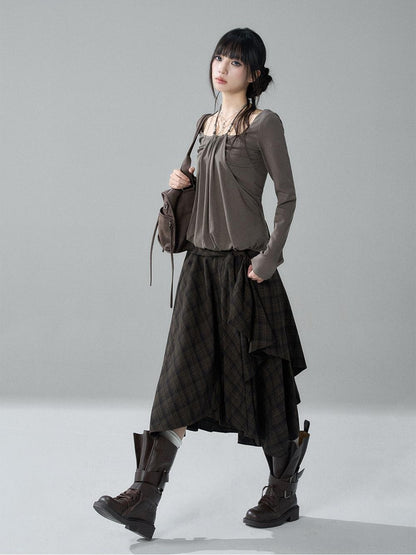 LADYGHOST Black Grey Artistic Asymmetric Plaid Lace Up Women&