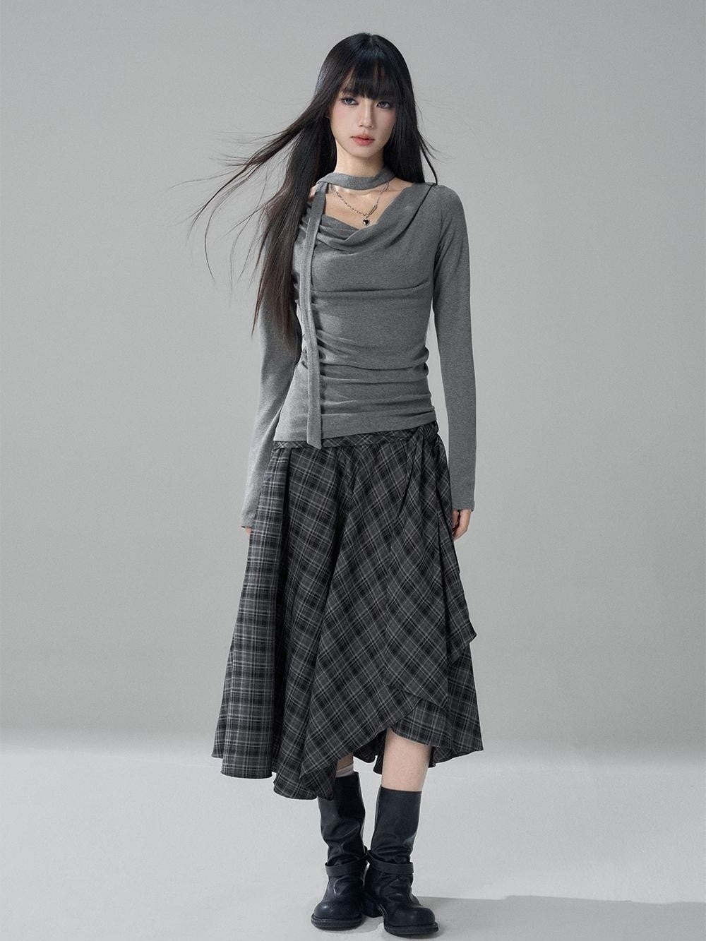 LADYGHOST Black Grey Artistic Asymmetric Plaid Lace Up Women&