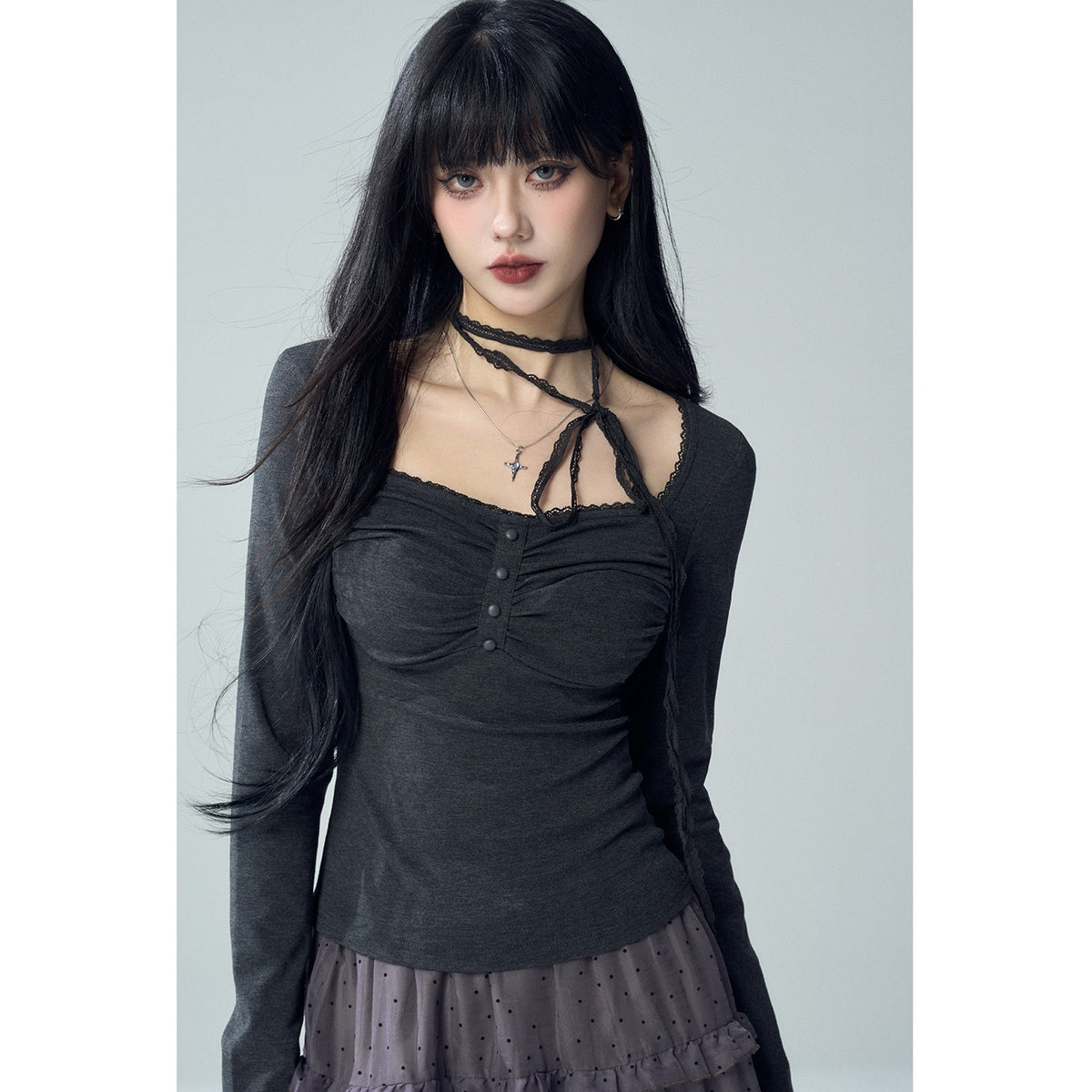 LADYGHOST_Black_Lace_Button_Pleated_Solid_Women&