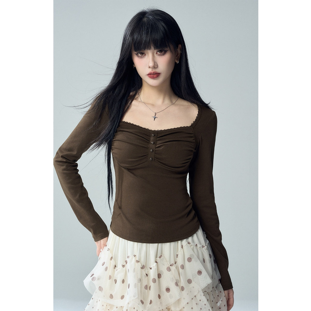 LADYGHOST_Black_Lace_Button_Pleated_Solid_Women&