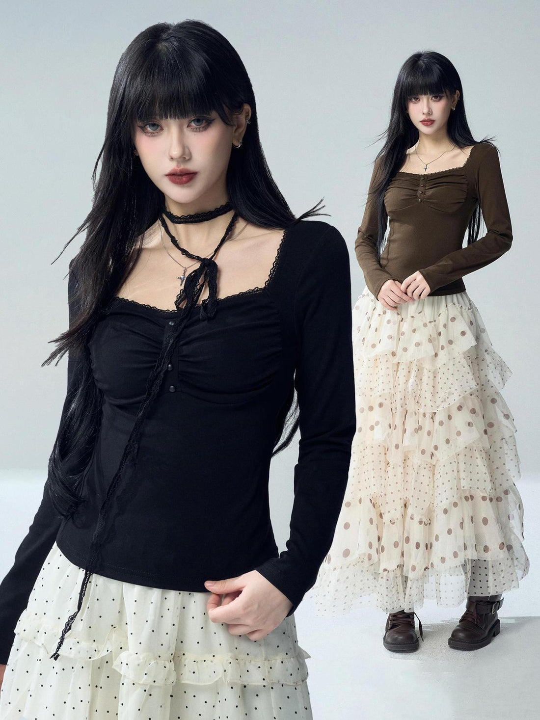 LADYGHOST Black Lace Button Pleated Solid Women&