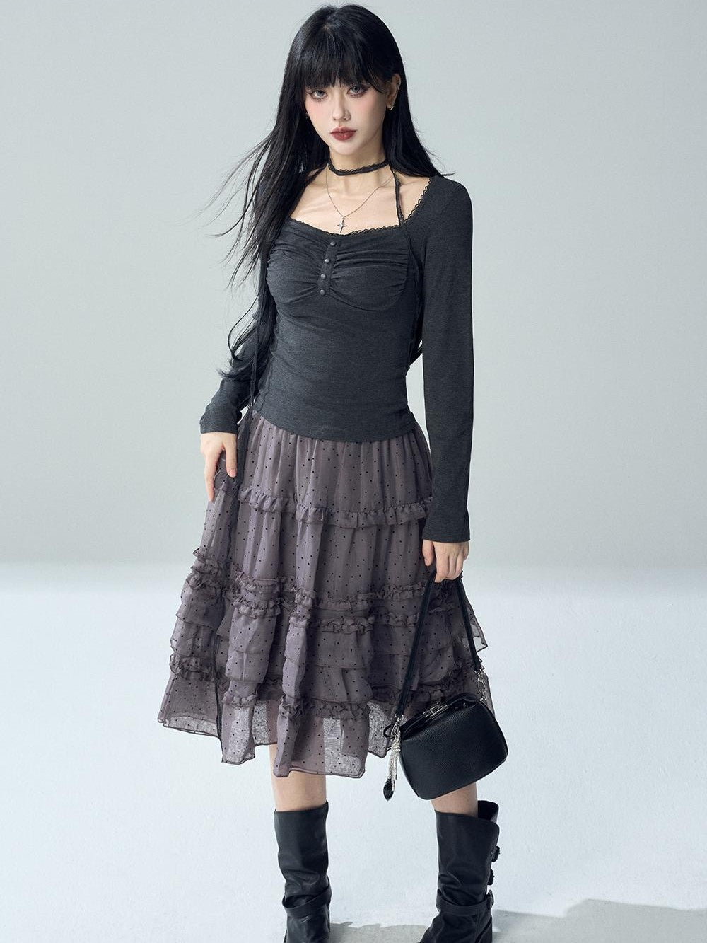 LADYGHOST Black Lace Button Pleated Solid Women&