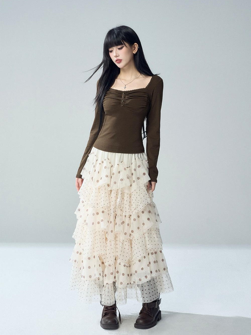 LADYGHOST Black Lace Button Pleated Solid Women&
