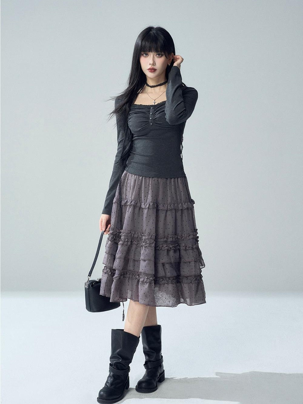 LADYGHOST Black Lace Button Pleated Solid Women&
