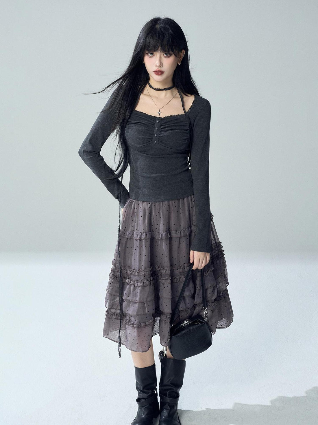 LADYGHOST Black Lace Button Pleated Solid Women&