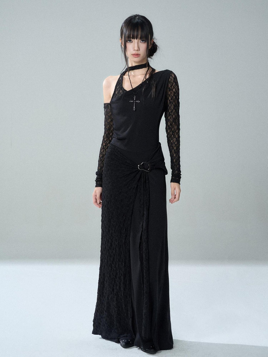 LADYGHOST Black Lace One Shoulder Long Sleeve Women&