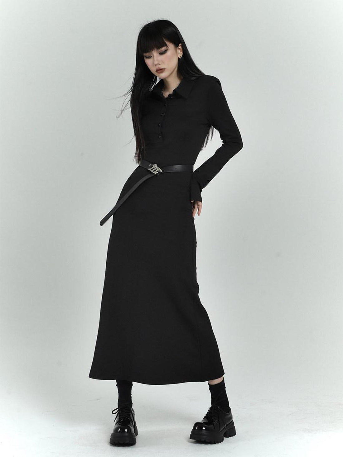 LADYGHOST Black Long Sleeve Polo Shirt Dress Slim Fit Women&