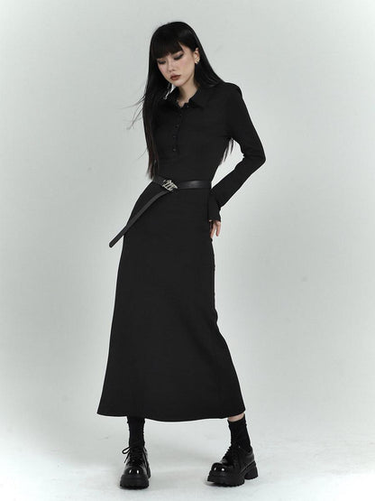 LADYGHOST Black Long Sleeve Polo Shirt Dress Slim Fit Women&