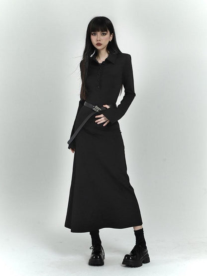 LADYGHOST Black Long Sleeve Polo Shirt Dress Slim Fit Women&