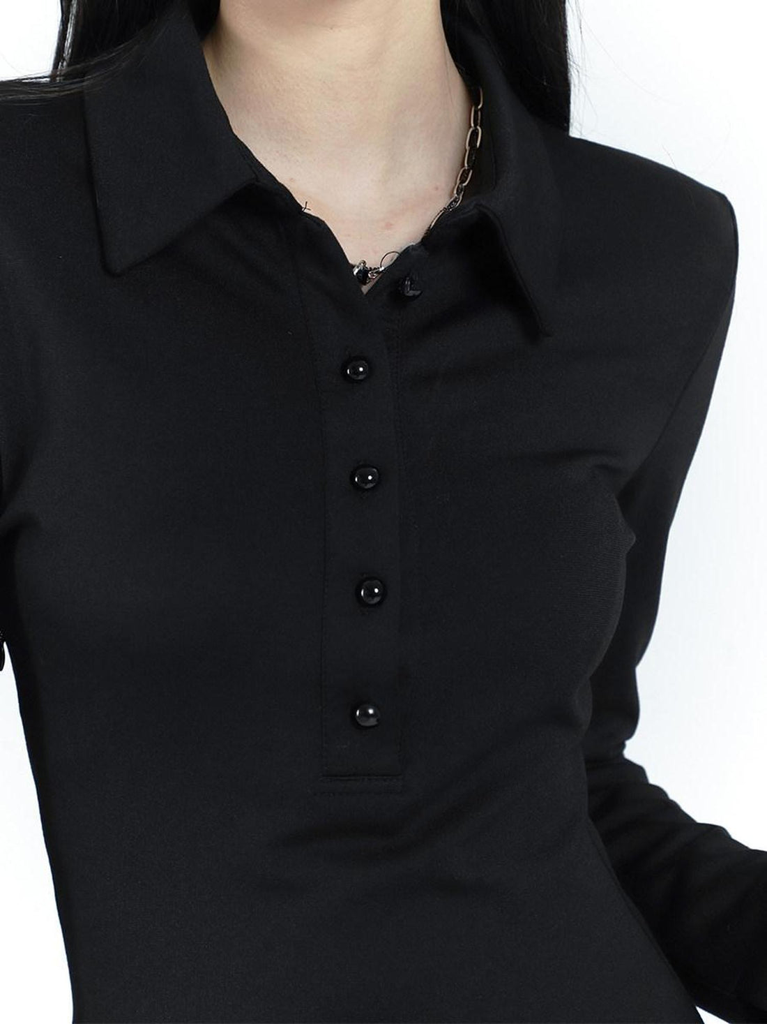 LADYGHOST Black Long Sleeve Polo Shirt Dress Slim Fit Women&
